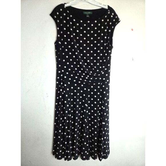 Lauren Ralph Lauren Black w/White Polka Dot Jersey Knit A-Line Dress size 14 - Picture 1 of 7